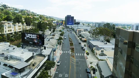 Aerial of empty Sunset Boulevard during corona quarantine, USA 2020 Stock Footage 135356857