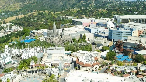Aerial of empty Universal Studios during corona quarantine, USA 2020 Stock Footage 135357447