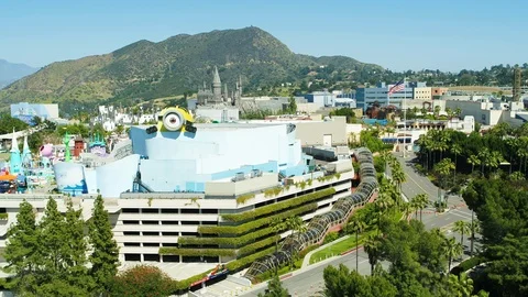 Aerial of empty Universal Studios during corona quarantine, USA 2020 Stock Footage 135357616
