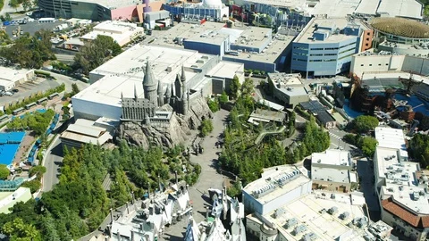 Aerial of empty Universal Studios during corona quarantine, USA 2020 Stock Footage 135357977