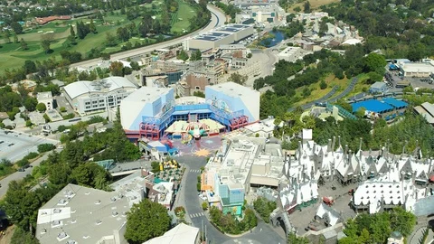 Aerial of empty Universal Studios during corona quarantine, USA 2020 Stock Footage 135358424