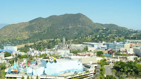 Aerial of empty Universal Studios during corona quarantine, USA 2020 Stock Footage 135358986