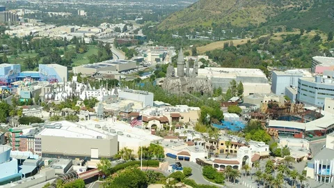 Aerial of empty Universal Studios during corona quarantine, USA 2020 Stock Footage 135359126