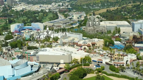 Aerial of empty Universal Studios during corona quarantine, USA 2020 Stock Footage 135359221