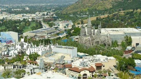 Aerial of empty Universal Studios during corona quarantine, USA 2020 Stock Footage 135359334
