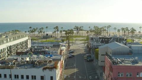 Aerial of empty Venice beach during corona quarantine, USA 2020 Stock Footage 135359456