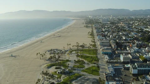 Aerial of empty Venice beach during corona quarantine, USA 2020 Stock Footage 135359670