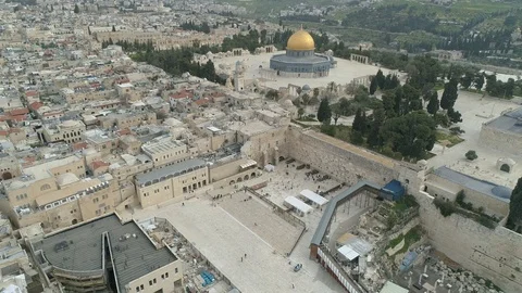 Aerial of empty Western Wall and Temple Mount during COVID-19 lockdown. File7-15 Stock-Footage 128150196