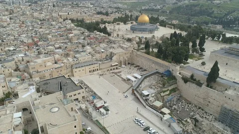 Aerial of empty Western Wall and Temple Mount during COVID-19 lockdown. File7-16 Stock Footage 128150688