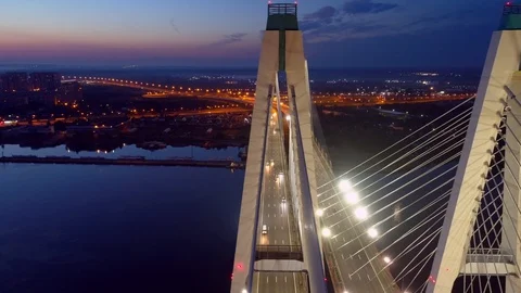 Aerial  epic cable-stayed modern dual bridge Petersburg night cityscape traffic  Stock Footage 128749176