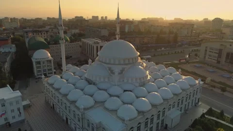 Aerial epic central Juma mosque Makhachkala Dagestan cityscape at sunset. Namaz Stock Footage 150295061
