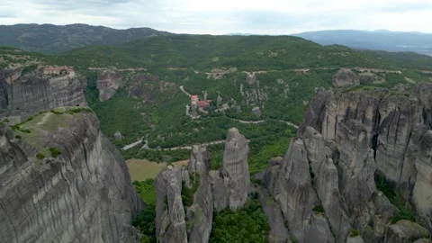 Aerial Epic Flight Over Famous Rocks in Meteora, Greece Drone Towards The H.. Video stock 334893933