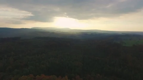 Aerial epic flight over forrest with sunset Video stock 55870538