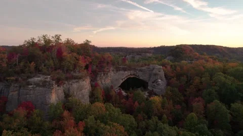 Aerial Epic Natural Bridge Stone Formation Sunset Colorful Forest Stock Footage 256171982