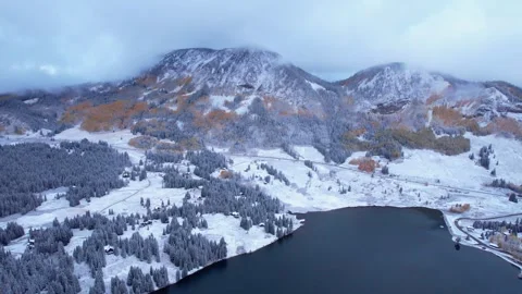 Aerial Epic Wide First Snow of Season Trout Lake Colorado Stock Footage 256047889