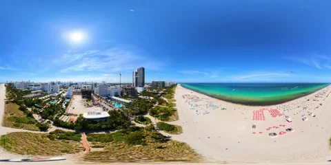 Aerial equirectangular 360 video Miami Beach beachfront condominiums 8k Stock Footage 334794527