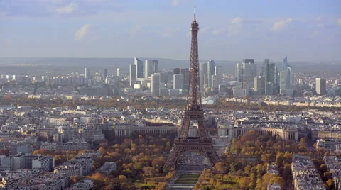 Aerial establishing shot of the Eiffel Tower.  daytime Stock Footage 44440535