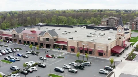Aerial establishing shot of Wegman's grocery store supermarket. Huge Stock Footage 153414246