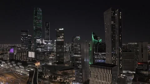 Aerial Establishing View of King Abdullah Financial District at Night Stock Footage 345046199