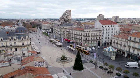 Aerial Establishing View Place de la Comédie Square and Tramway in Montpellier Stock Footage 344444190