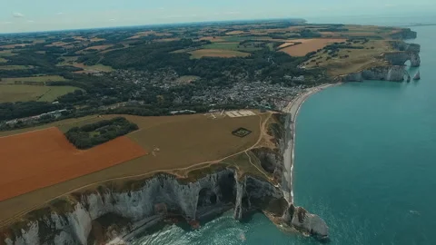 AERIAL Étretat chalk cliffs Stock Footage 134034783