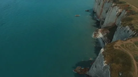 AERIAL Étretat chalk cliffs Stock Footage 134035169