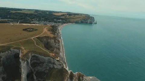 AERIAL Étretat chalk cliffs Stock Footage 134035904