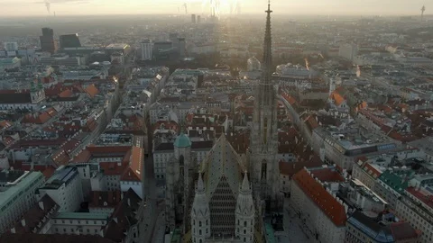Aerial of Evening Cityscape with St. Stephen's Cathedral in Vienna, Austria Stock Footage