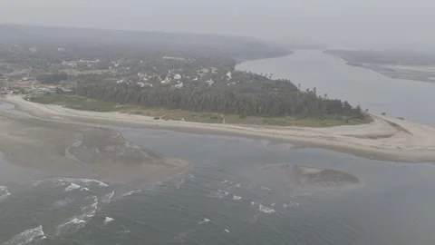 Aerial Evening Morjim Beach Turtle Nesting and Chapora River Goa Stock-Footage 326047744