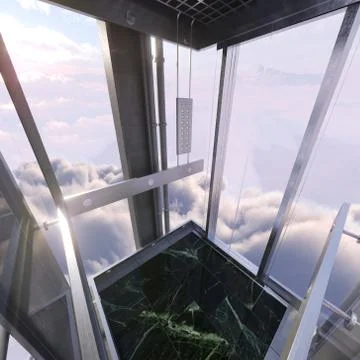 Aerial evening sky view from empty elevator car concept business up success 스톡 사진