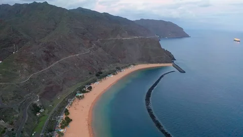 Aerial Evening View Of Playa de Las Teresitas Beach, Drone Footage In Canary Stock Footage 110806069