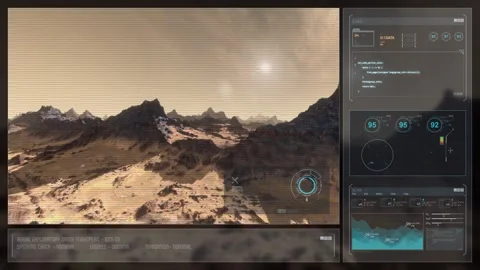 Aerial exploratory drone flight plan with futuristic hud and ui graphic sho.. Video stock 337806149