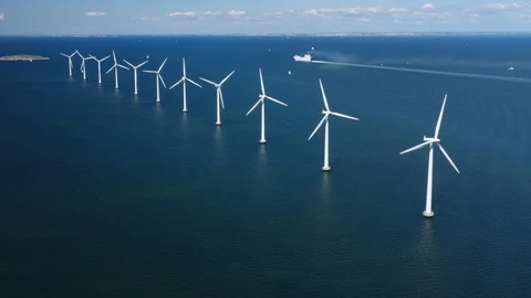 Aerial of the famous Offshore Wind Farm in Copenhagen, Denmark Stock Footage