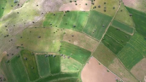 Aerial farmland patchwork fields hills cultivated plains rural - Rural Farmland Stock Footage 339567336