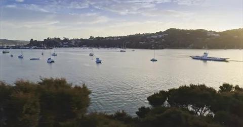 Aerial of ferry sailing boats in Opua, Bay of Islands, New Zealand Stock Footage