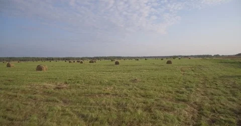 Aerial field of large hay bales, the rise Stock Footage