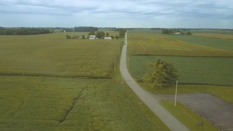 Aerial of Fields with Car Driving Down Dirt Road Stock Footage 79230150