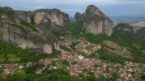 Aerial Fight to the Right. Fly Over Meteora, Greece. Village of Kastraki Eu.. Stock Footage 334893699