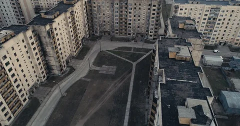 Aerial filming of devastated city. Ghost town Stock Footage 128285875