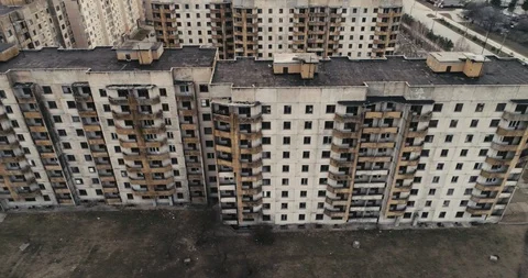 Aerial filming of devastated city. Ghost town Stock Footage 128285970