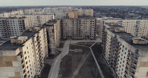 Aerial filming of devastated city. Ghost town Stock Footage 128286020