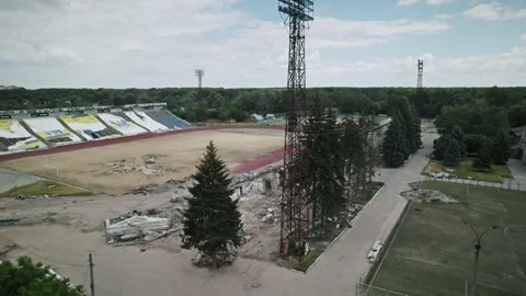 Aerial filming terrible consequences after the bombing of the stadium Stock Footage 201245211