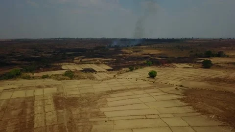 Aerial fires burning fields forest for crops in Madagascar Stock Footage 230233049