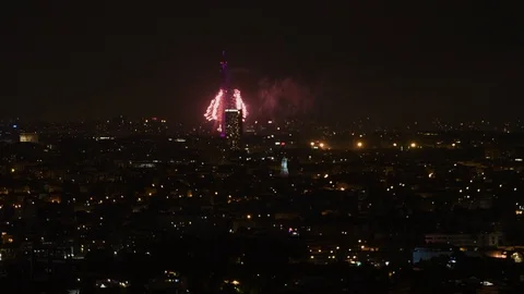 Aerial Fireworks Paris Stock Footage 93584873