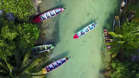 Aerial of fishing boats on White River, Ocho Rios, Jamaica Stock Footage 136045581