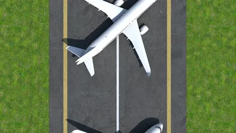 Aerial flat lay, top view of airplanes parked on airport apron. 3d animation. 4k Stock Footage 169924129