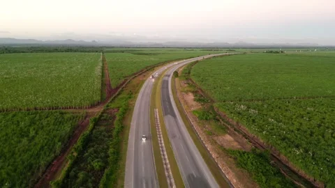Aerial flight above expressway between green agricultural fields sown for the Stock Footage 258280685