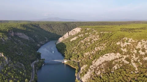 Aerial flight above Krka river and canon  in summertime in Croatia Stock Footage 291435113