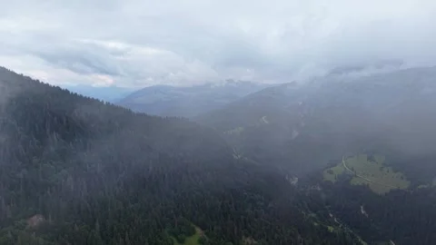 Aerial Flight Above Misty Forest Valleys Under Overcast Sky Stock Footage 339425860