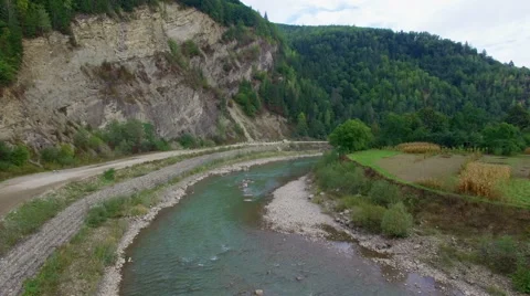 Aerial: flight above mountain river Stock Footage 55368319